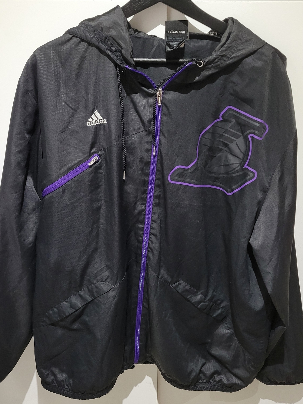 Los Angeles Lakers NBA Adidas Full-Zip Black Rhythm Windbreaker Jacket, Plus 2XL